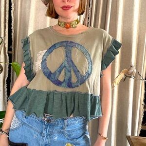 Handmade Upcycled Green Ruffle Peace Sign / Moon Cycle Top